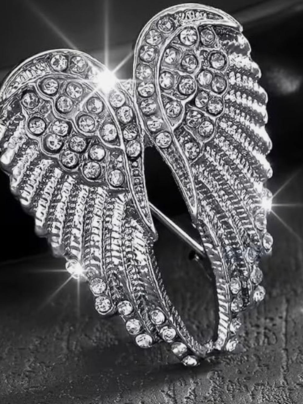 Crystal Angel Wing Brooch Pin - Silver Tone